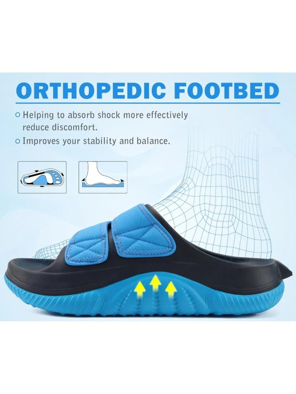 Men's Blue&White Recovery Sandals Orthopaedic Walking Slides Adjustable Thick